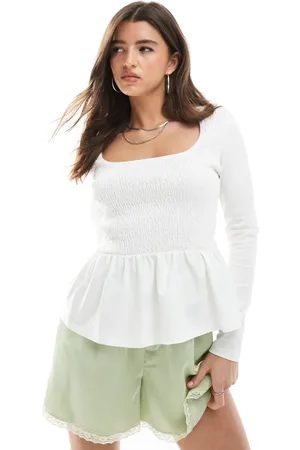 Miss Selfridge Shirred jersey peplum top in ecru
