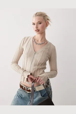 Weekday Slim fit zip through textured cardigan in beige
