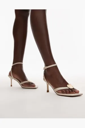 Topshop Gilly heeled toe thong with metal detail in off