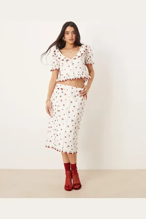 For Love & Lemons Beaded Cherries midi skirt in white and red co-ord