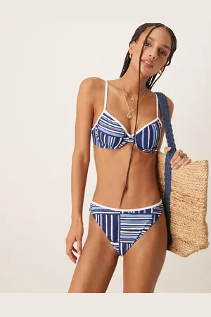 Abercrombie & Fitch Mid rise contrast trim bikini bottom co-ord in stripe print