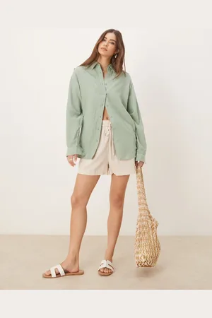 Stradivarius Linen look long sleeve shirt in khaki