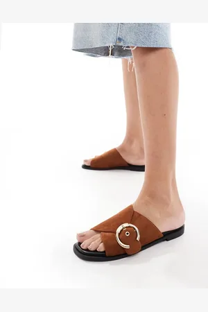 London Rebel Cross buckle flat sandal in brown micro