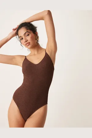 MANGO Tie back textured swimsuit in chocolate