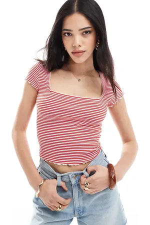 Miss Selfridge Stripe lace trim rib short sleeve top