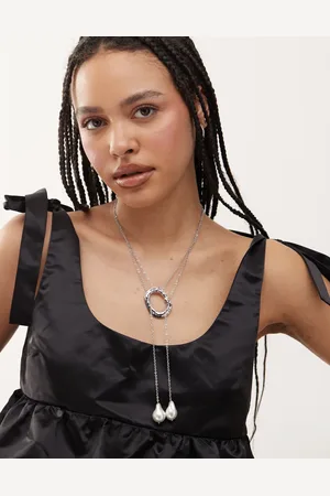 petit moments Sunset statement lariat necklace with pearl pendants in silver