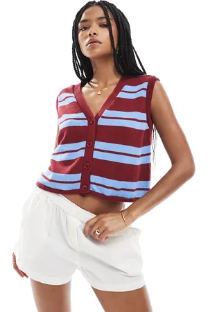 ASOS V-neck knitted vest in blue and burgundy stripe