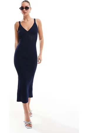 Bershka Corset detail knitted maxi dress in navy