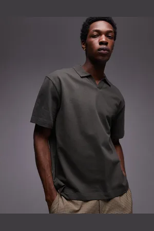 Topman Heavyweight boxy fit revere polo in khaki