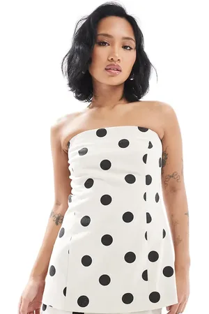 4th & Reckless Exclusive linen blend bandeau longline top co-ord in cream polka dot