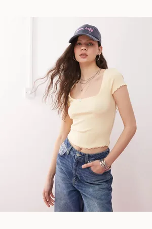 Miss Selfridge Lace trim rib short sleeve top in buttermilk
