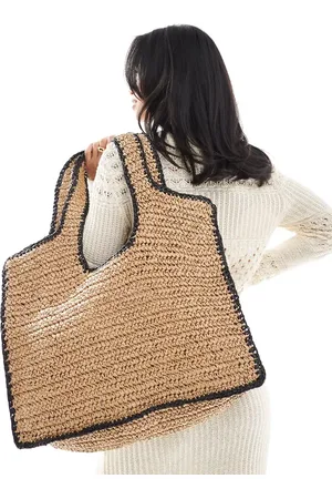 ASOS Straw crochet oversized tote bag in neutral with contrast edge detail