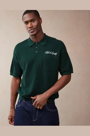 ASOS Relaxed boxy fit knitted polo with chest pocket and embroidery text in dark green