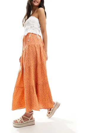 Miss Selfridge Button detail tiered maxi skirt in orange ditsy