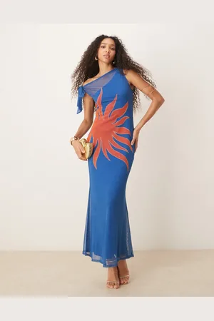 Never Fully Dressed Asymmetric off shoulder maxi dress in sun print