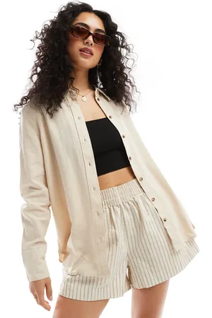 JDY Relaxed linen mix shirt co-ord in stone