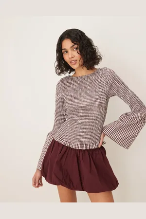 ASOS Shirred angel sleeve top in gingham