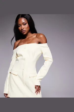 Kaiia Exclusive bardot tailored button front pocket detail mini dress in lemon