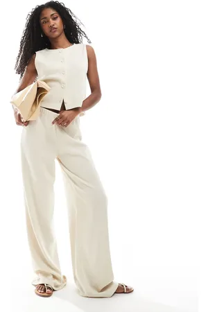 Miss Selfridge Premium soft rib wide leg trouser in ivory