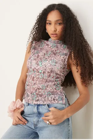 ASOS Printed lace gathered side grown on neck sheer tank in