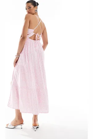 Hollister Open back maxi dress with thigh split in pink ditsy print