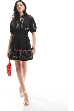 Miss Selfridge Western embroidered detail waisted mini dress in black