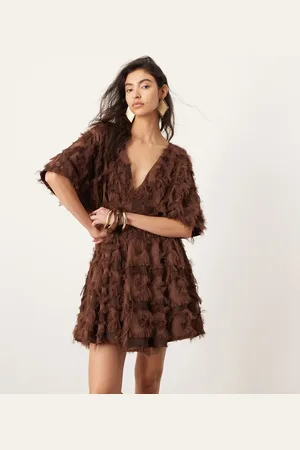 ASOS Textured cinched pleat waist mini dress in chocolate