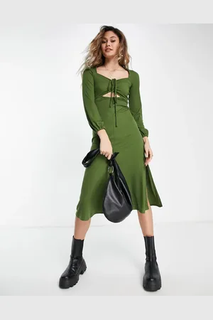 Topshop Premium rib jersey ruched front midi dress in khaki
