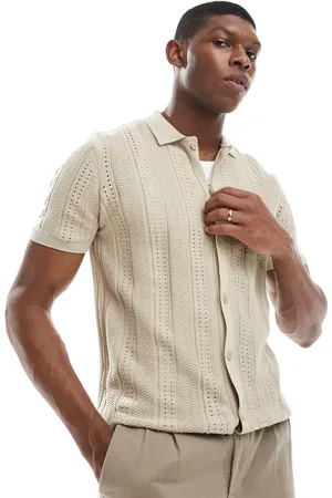 Brave Soul Knitted button through polo shirt in beige