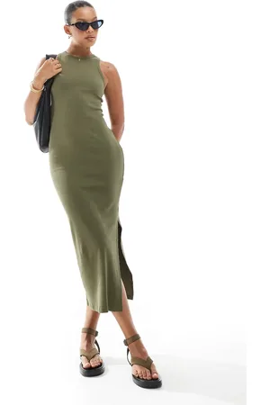 New Look Ribbed racer back midi dress in khaki