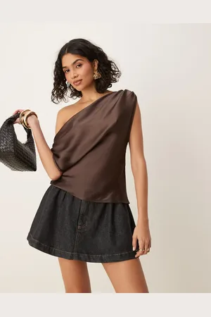 ASOS Chiffon draped off shoulder top in chocolate