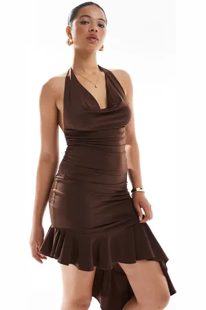 Bershka Halterneck frill detail asymmetric mini dress in chocolate