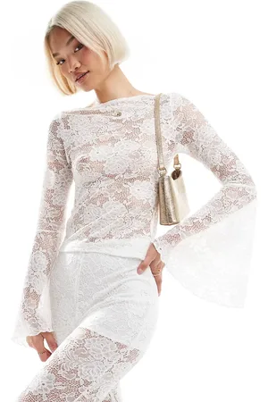 Miss Selfridge Extreme flare sleeve lace long sleeve top in cream