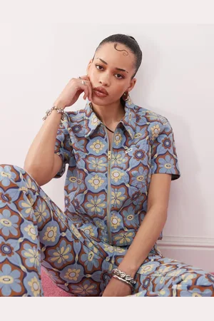 Wrangler Zip front top in blue 70s print