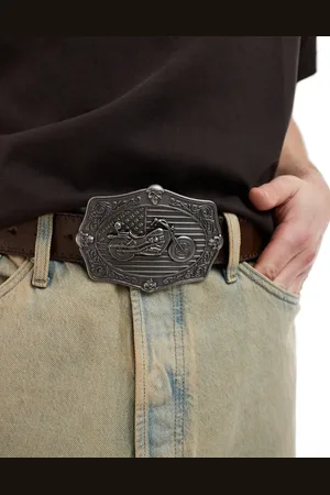 ASOS Moto Americana plate belt buckle in faux leather with whipstitch detail
