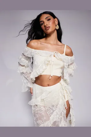 South Beach Off shoulder ruffle lace top in cream