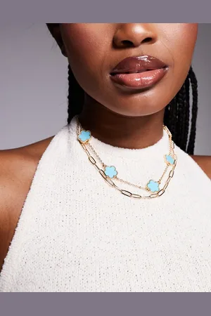 Aldo Feelin multirow choker necklace with clover charms in turquoise and gold