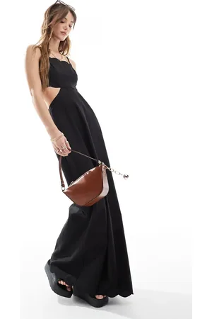 The Frolic Exclusive scallop edge lace up open back maxi dress in black