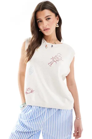 ASOS Knitted embroidered fish and shell tank top in ecru