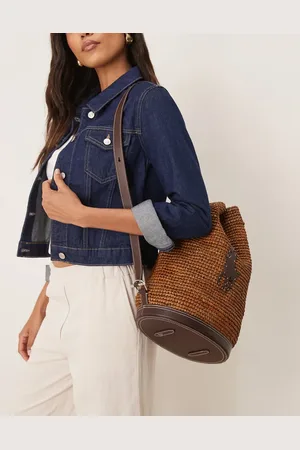 Ralph Lauren Raffia bucket bag with contrast pony player logo in dark