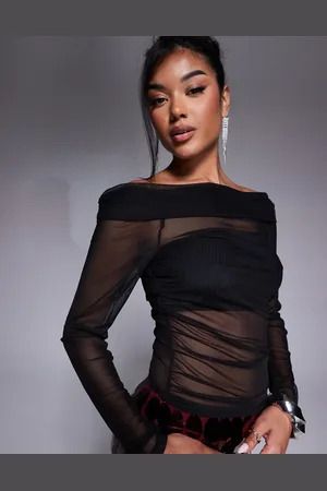 ASOS Fold over gathered off shoulder long sleeve mesh top in