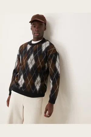 ASOS Relaxed fluffy knitted crew neck jumper with argyle pattern in