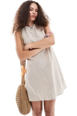 Monki Linen mini dress with open back and tie up detail in beige