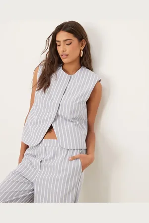ASOS Boxy cutaway waistcoat with linen co-ord in blue and white stripe