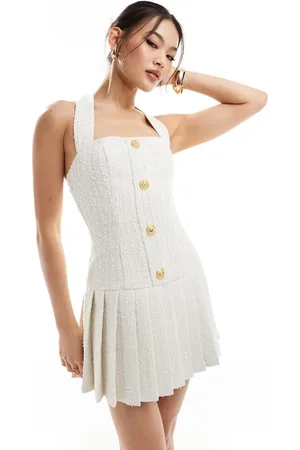 HEIRESS BEVERLY HILLS Premium boucle gold button detail pleated hem mini dress in cream