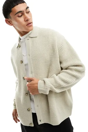 ASOS Knitted relaxed fisherman rib button through polo in beige