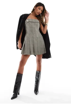 Kaiia Tailored foldover bandeau detail pleated mini dress in beige check