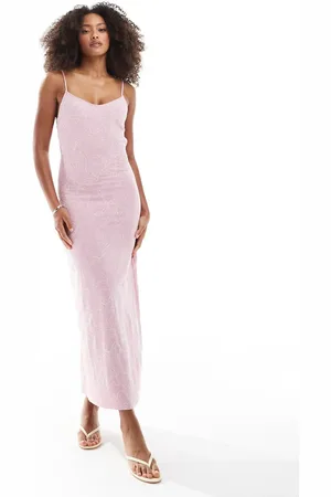 Stradivarius Embroidered midi dress in pale