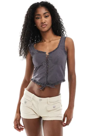 Monki Frill edge corset top with lace up detail in off