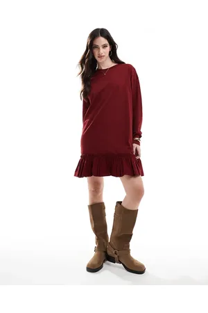 Miss Selfridge Long sleeve poplin frill detail t-shirt dress in burgundy